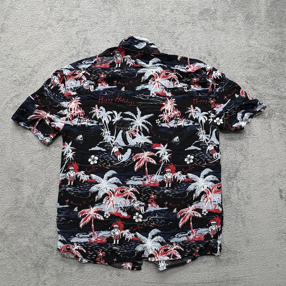 Old Navy Shirt Mens Large Black Red Holiday Hawaiian Santa Palm Print Viscose - Picture 2 of 5